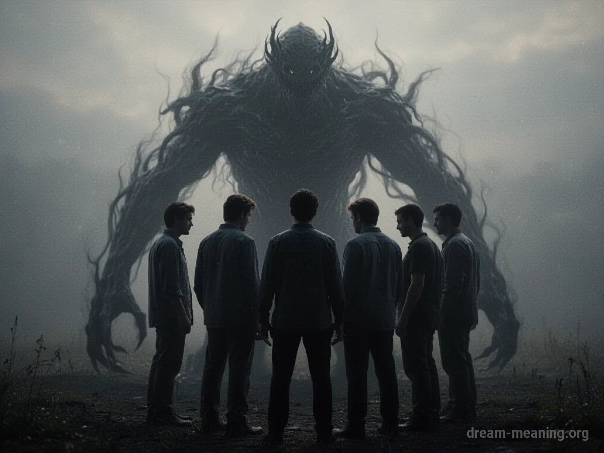 Silhouettes of people standing together with a dark shape behind them.