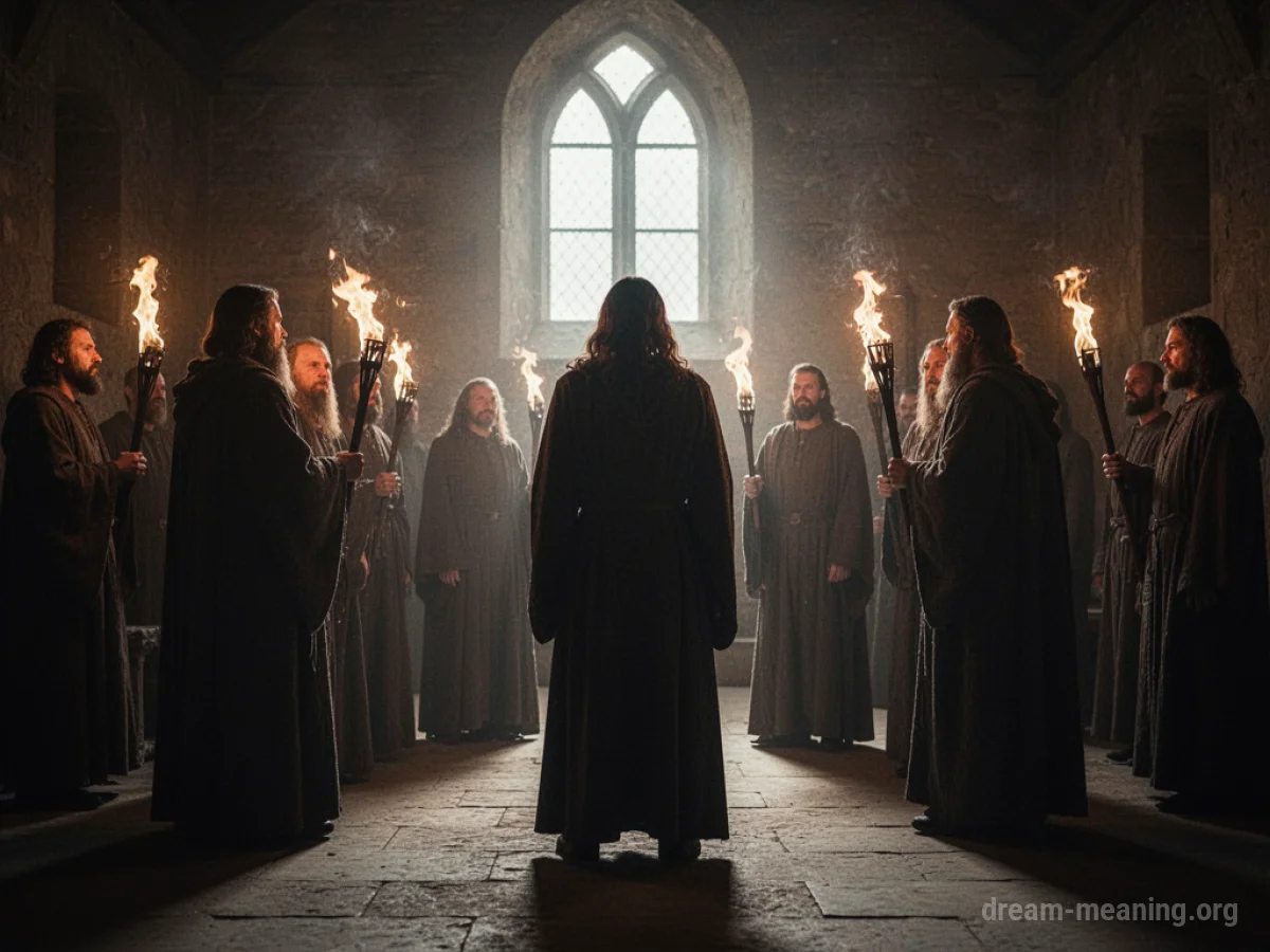 Silhouettes of people in robes in a dimly lit room with torches.