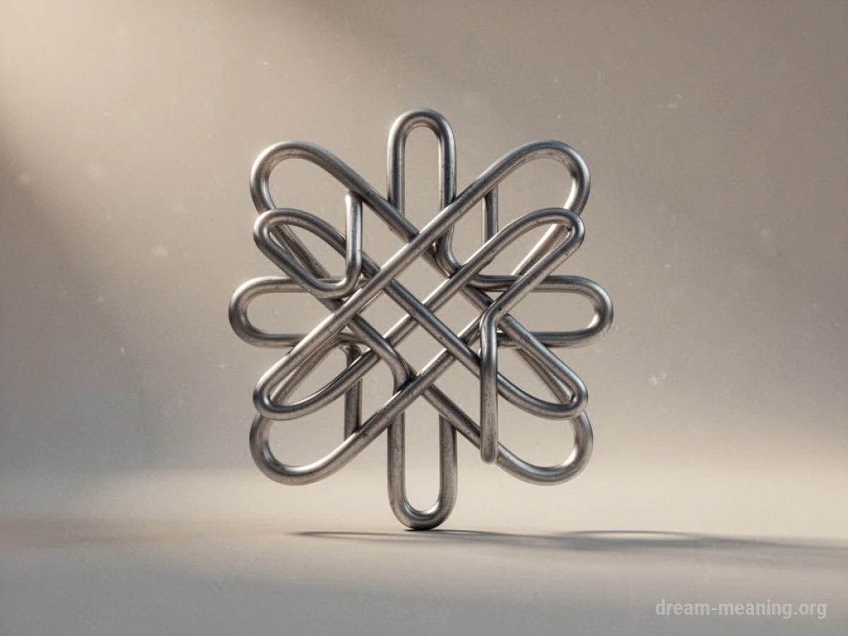 An abstract, interlocking geometric symbol.