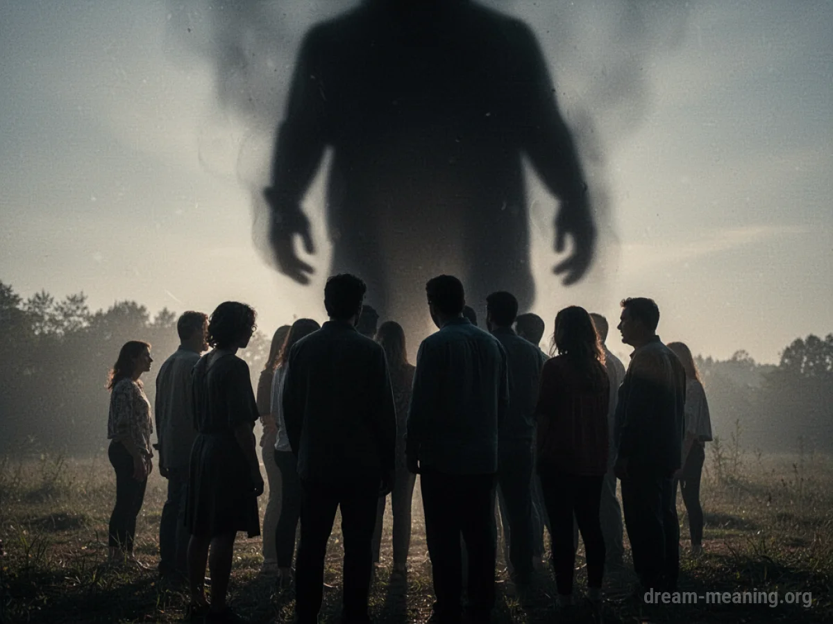 Silhouettes of figures huddled together, facing a large, encroaching shadow.