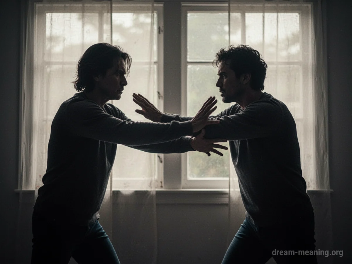 Silhouettes of two people facing each other with one hand raised.