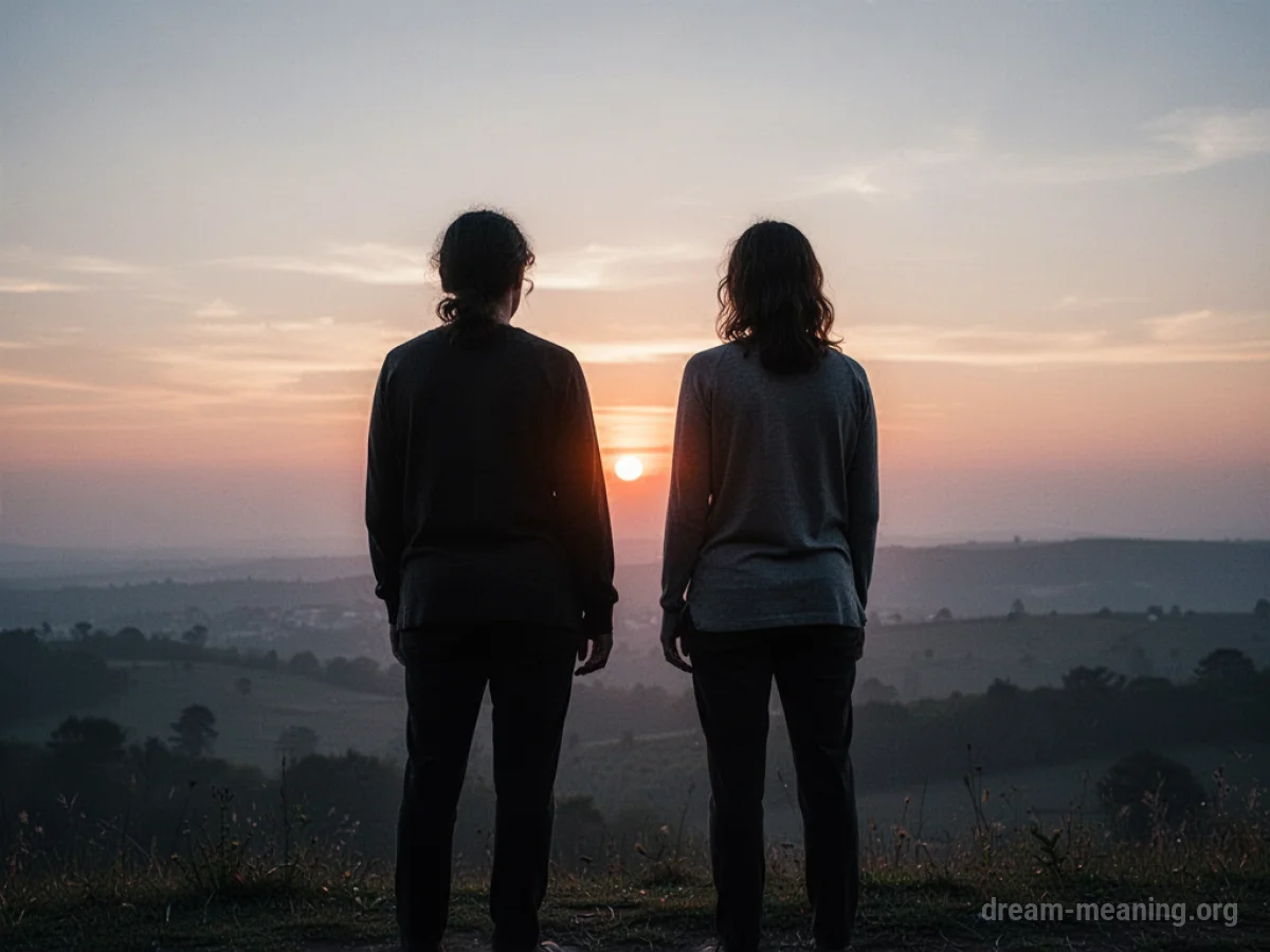 Two silhouetted figures standing next to each other facing a sunrise.