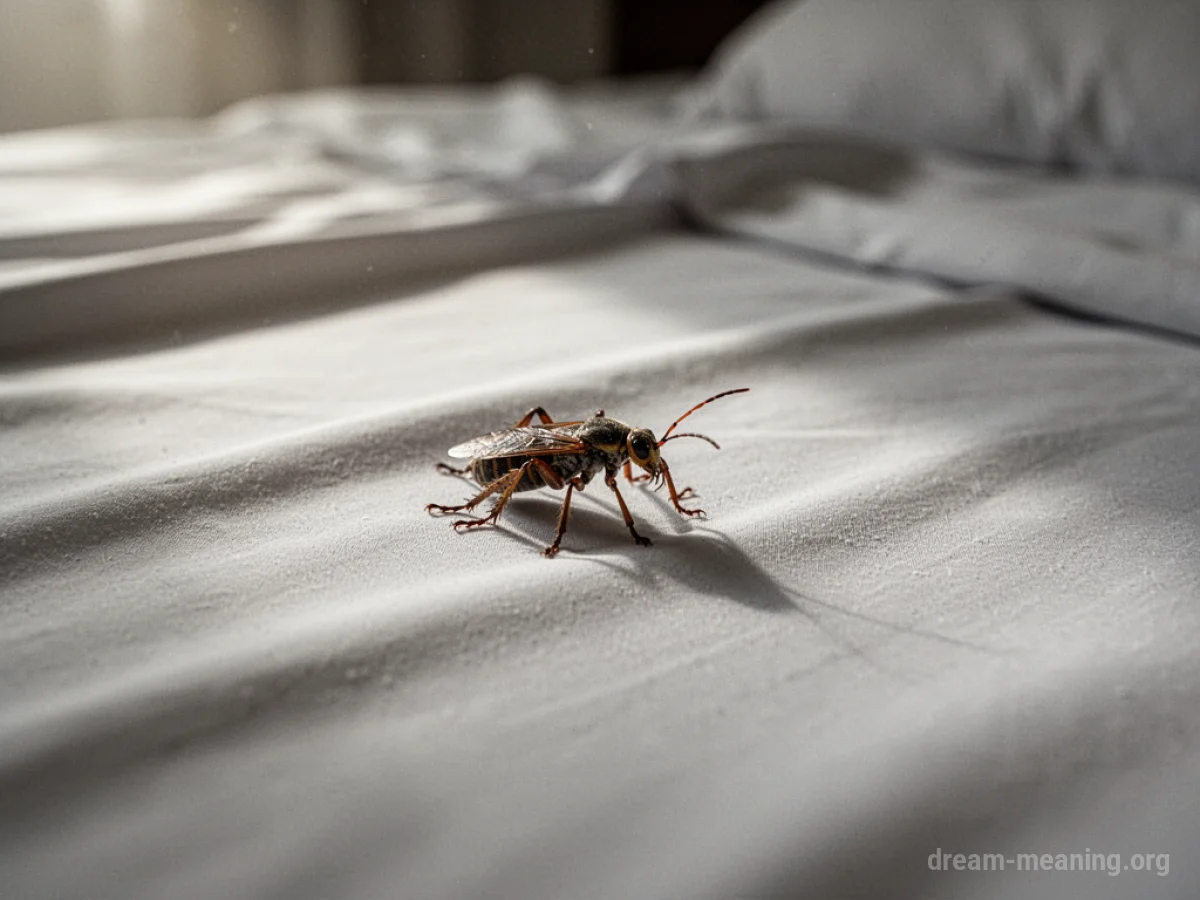 A small, dark bug on a white bedsheet.