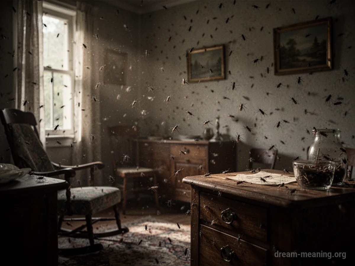 Small insects crawling on the walls and floor of a dimly lit room.