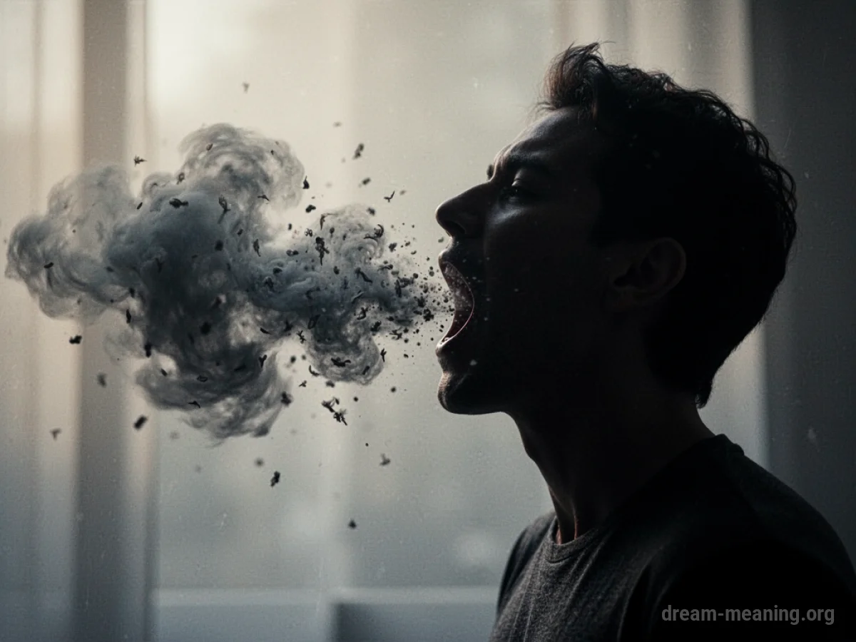 Silhouette of a person with dark shapes coming from their mouth.