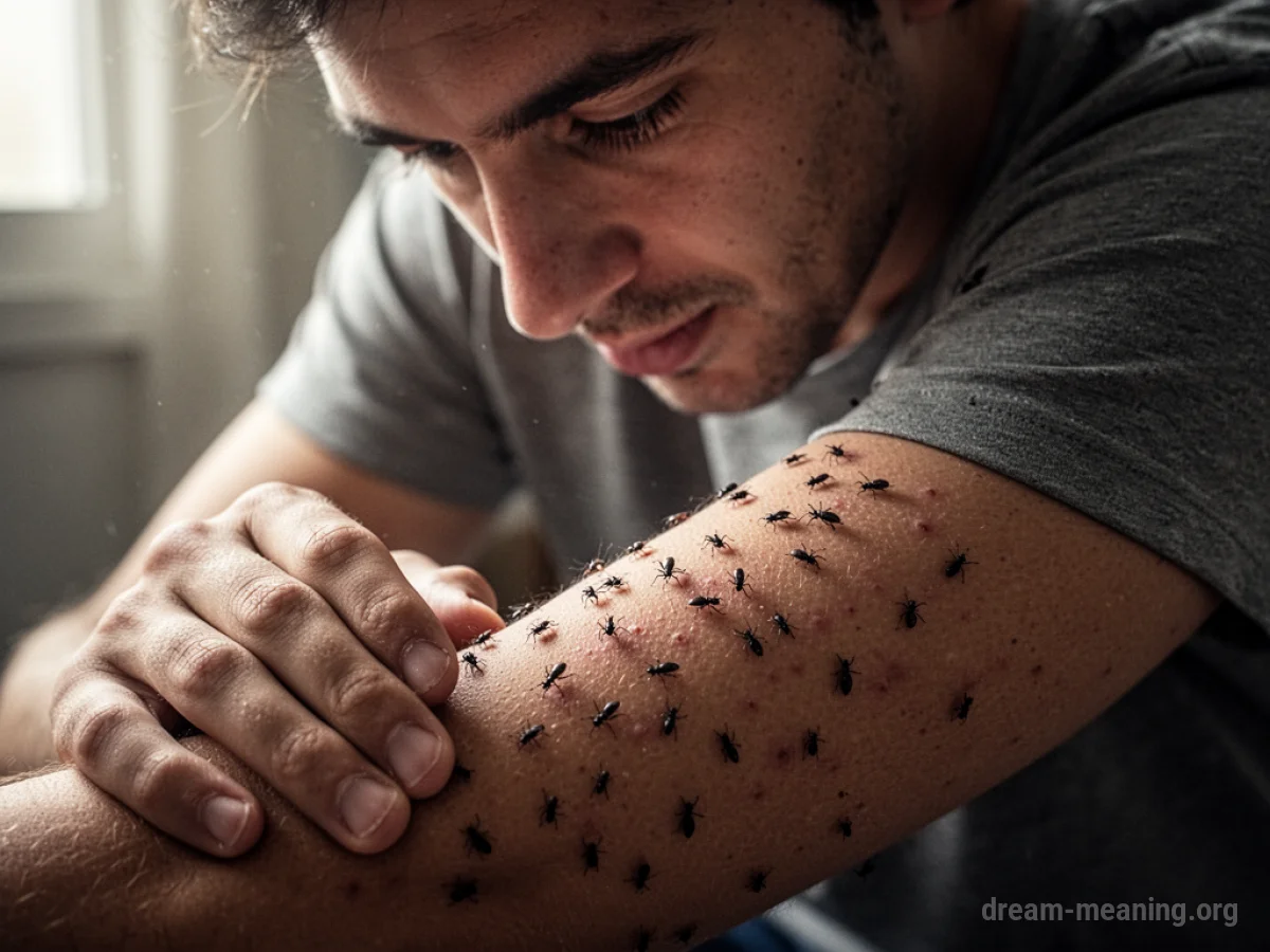 Close-up view of small insects crawling on human skin.