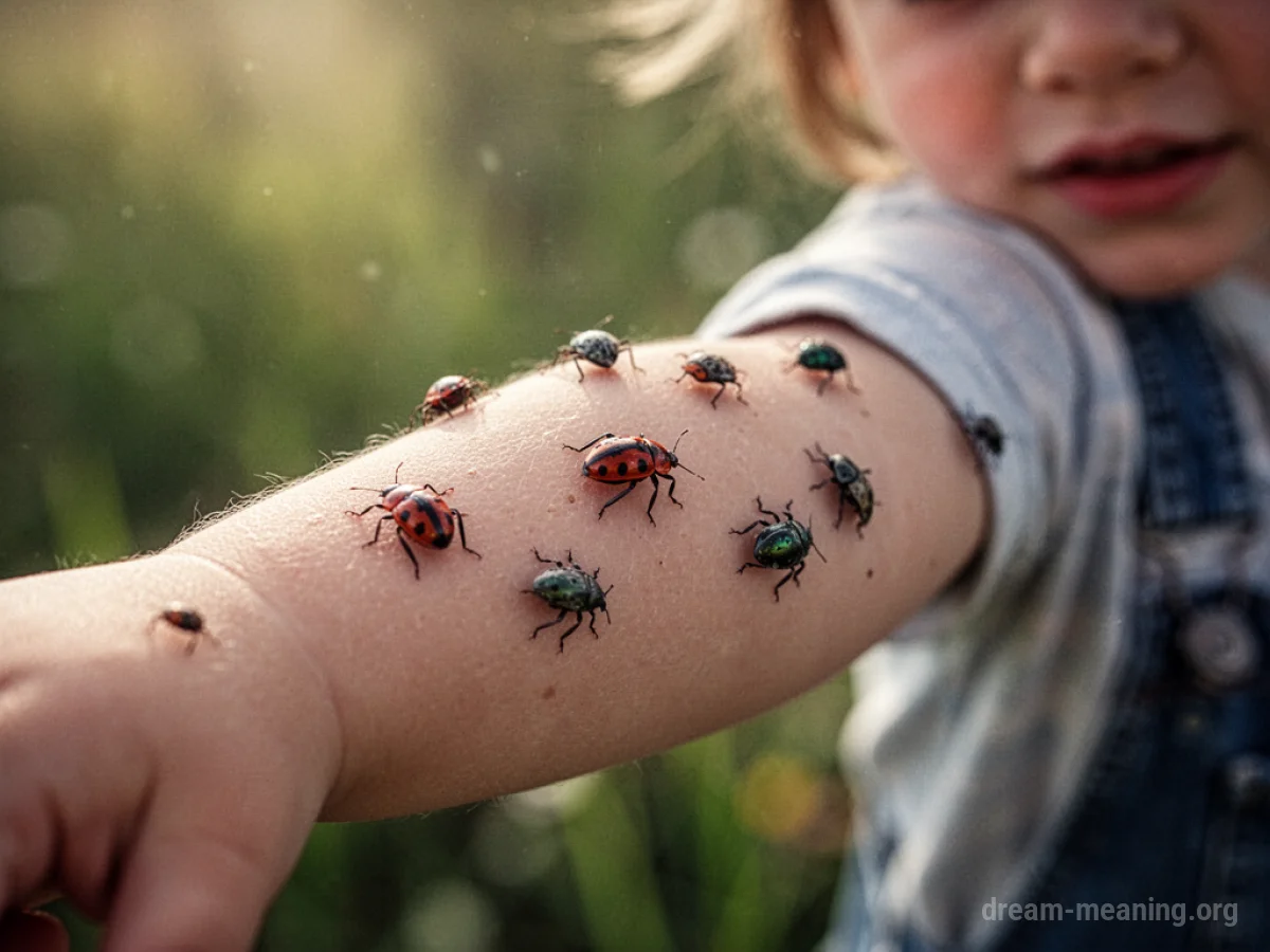 Close-up of a child's arm with small insects on the skin.