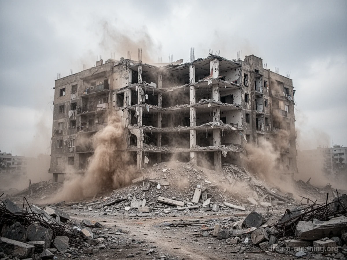 A large building with visible cracks, tilting and shedding debris.