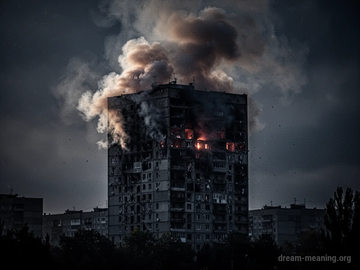 A dark silhouette of a large building with smoke coming from it.