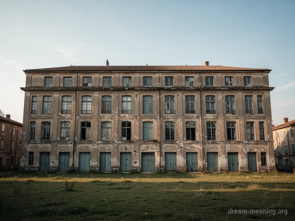 Exterior view of a large building with numerous doors and windows.