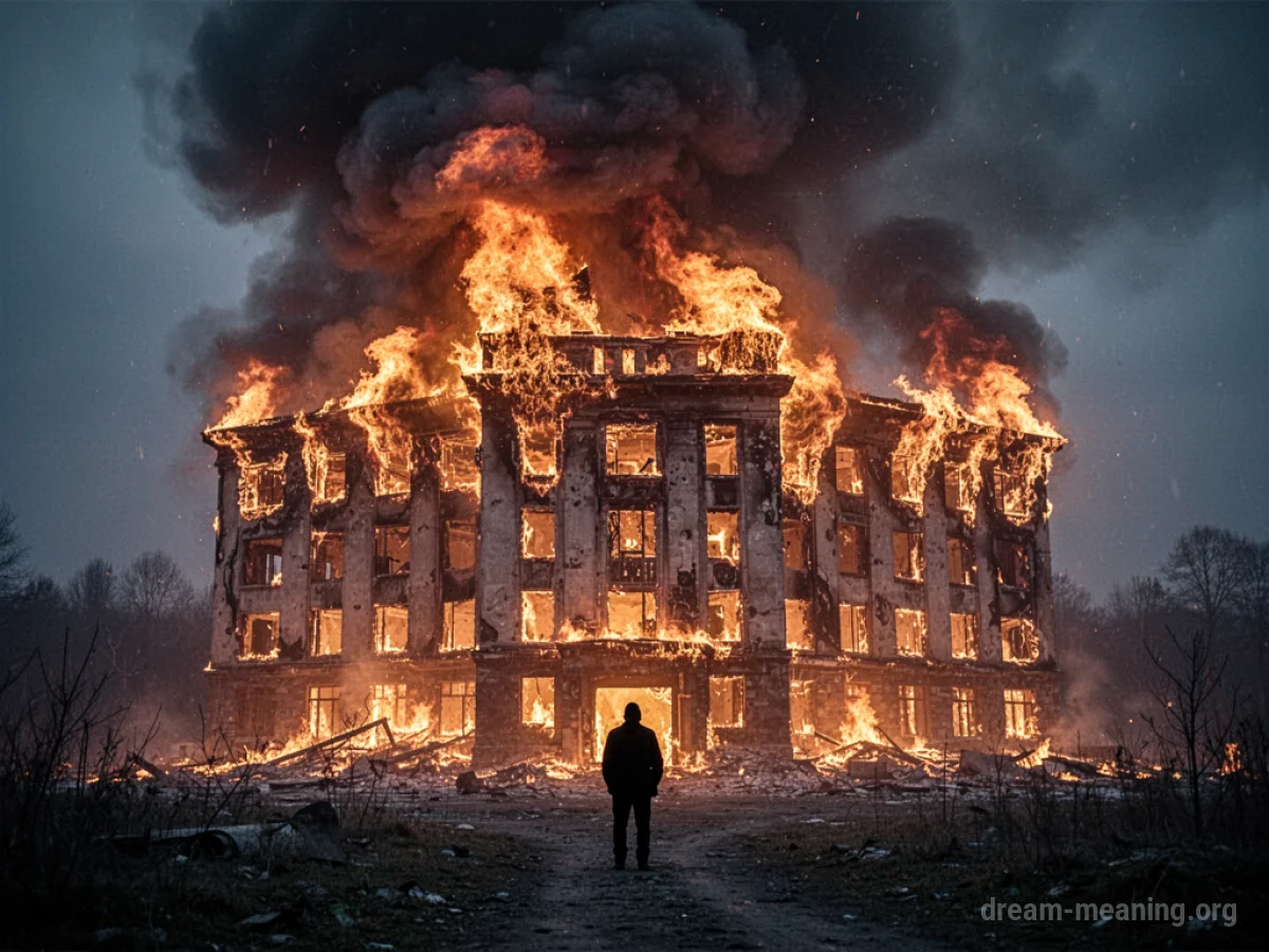 A building completely consumed by fire with dark smoke rising.