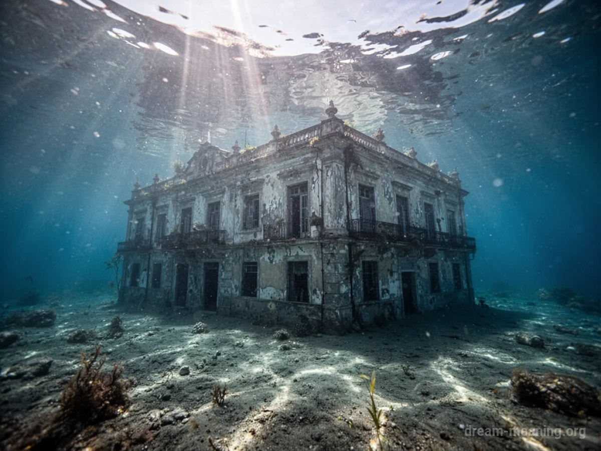 A building partially submerged in clear blue water.