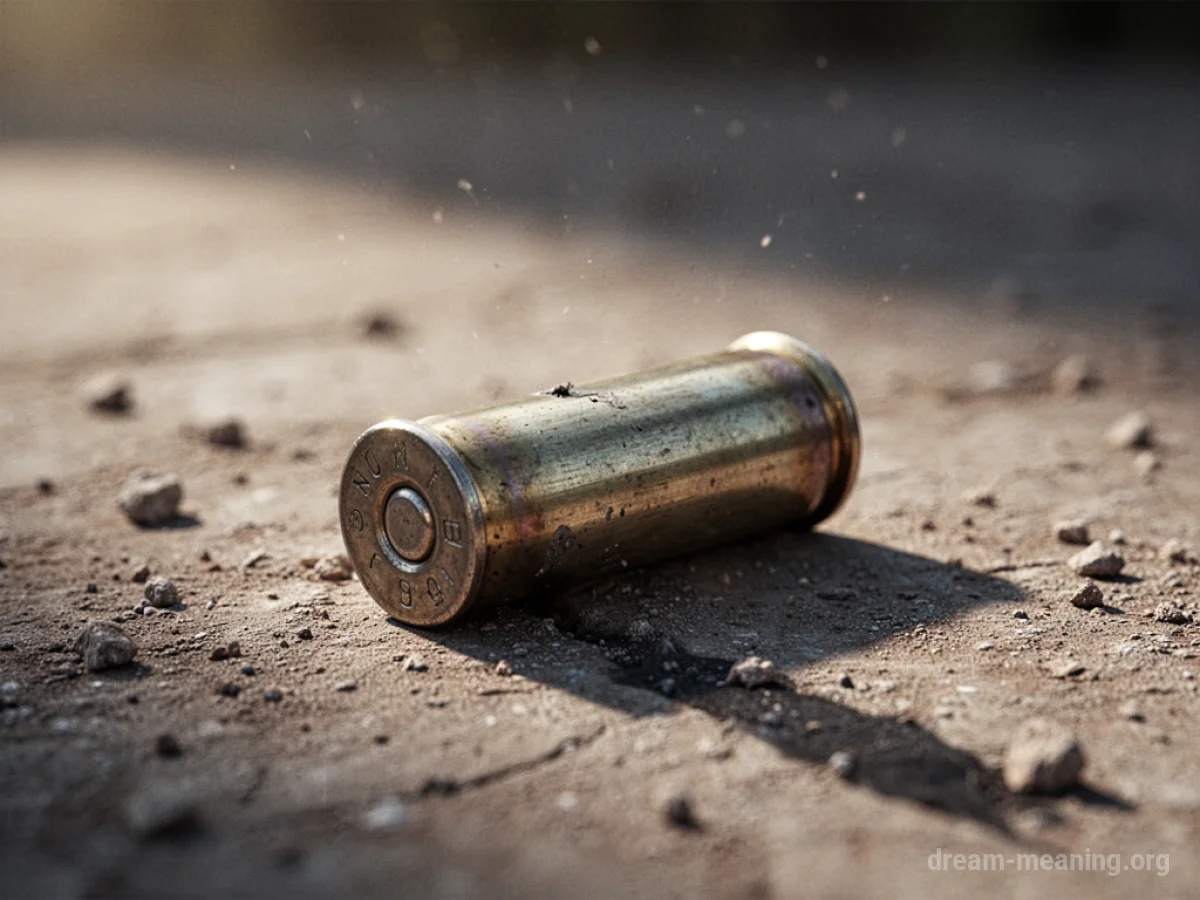 A single spent bullet casing lying on a flat, textured surface.