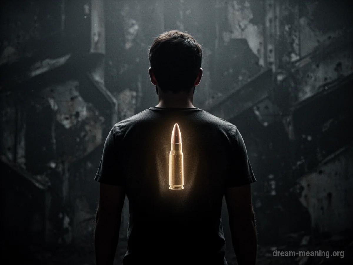Silhouette of a person with a subtle luminous shape of a bullet within their torso.