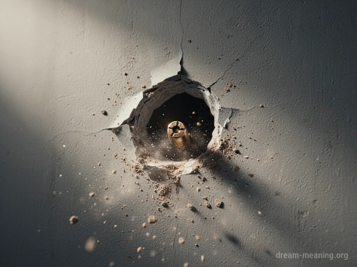 A close-up of a bullet hole in a plaster wall.