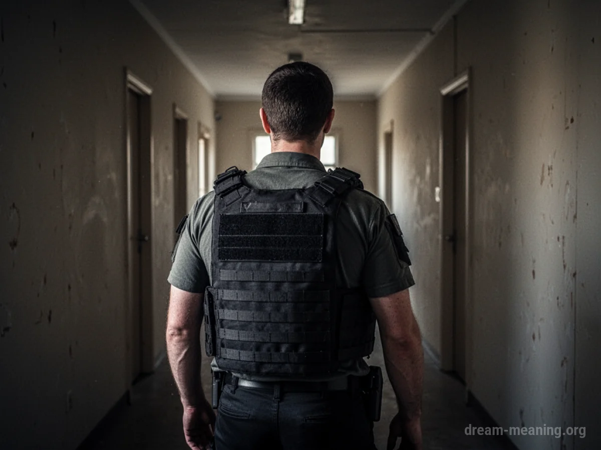 A person stands in a dark hallway wearing a bullet proof vest.
