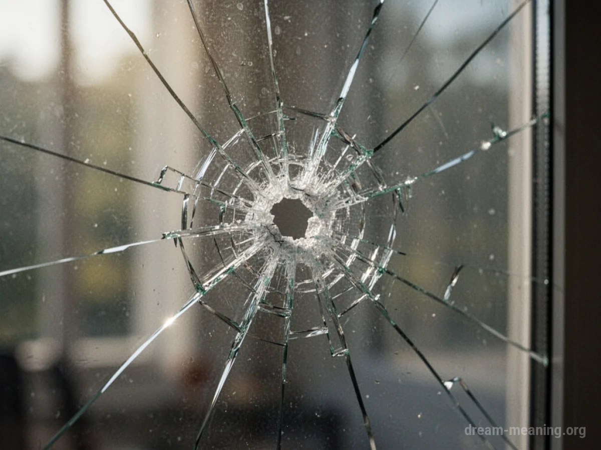 A bullet hole with cracks spreading across a glass surface.