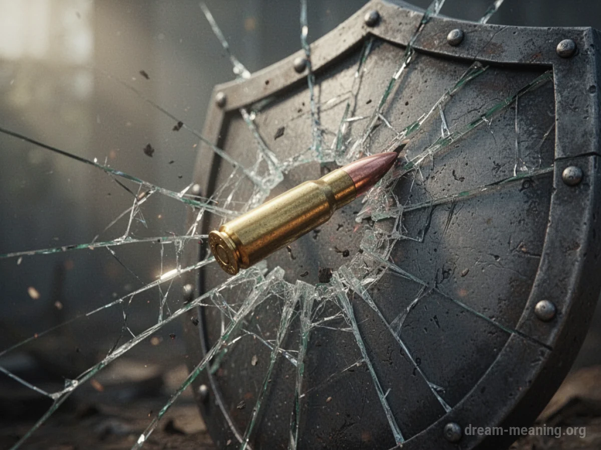 A stylized bullet impacting a cracked shield.