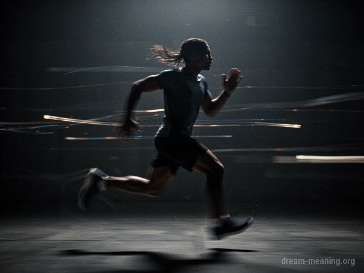 A silhouette running with streaks of light passing by.