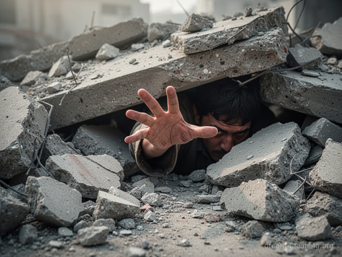 A hand emerging from a mound of broken concrete and dust.