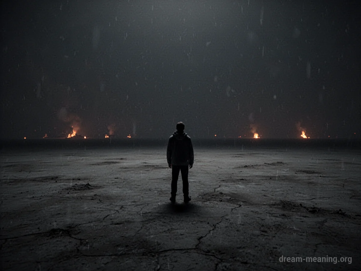 Silhouette of a person in a dark void with distant orange light.