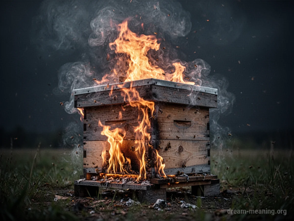 A wooden beehive on fire, with flames and smoke.