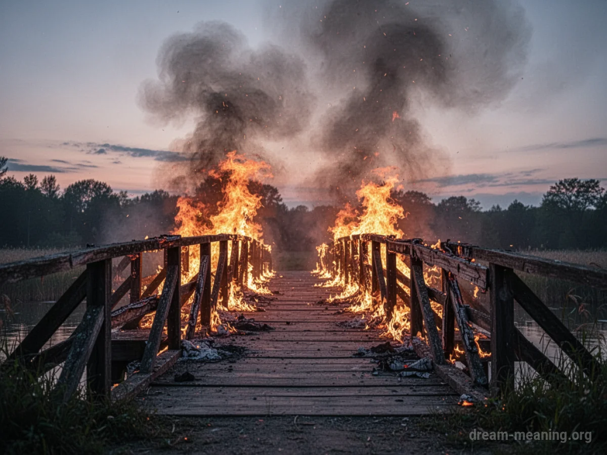 A wooden bridge on fire with smoke billowing upwards.