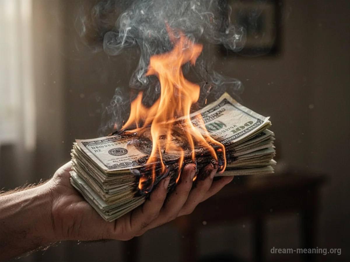 A hand holding a burning stack of paper money.