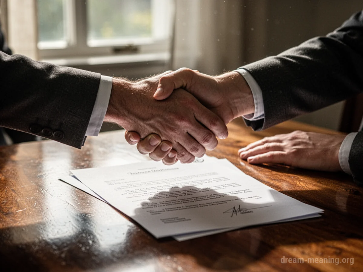 Two hands shaking above a document on a table.