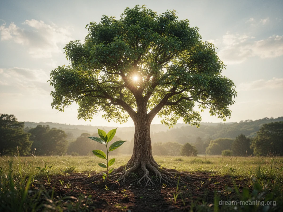 A small seedling rapidly growing into a large tree under sunlight.