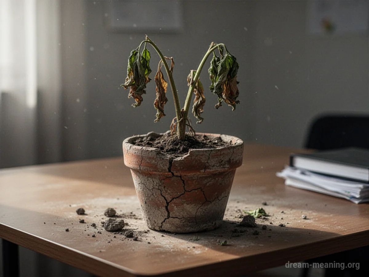 A single wilted plant sits in a cracked pot on an empty desk.