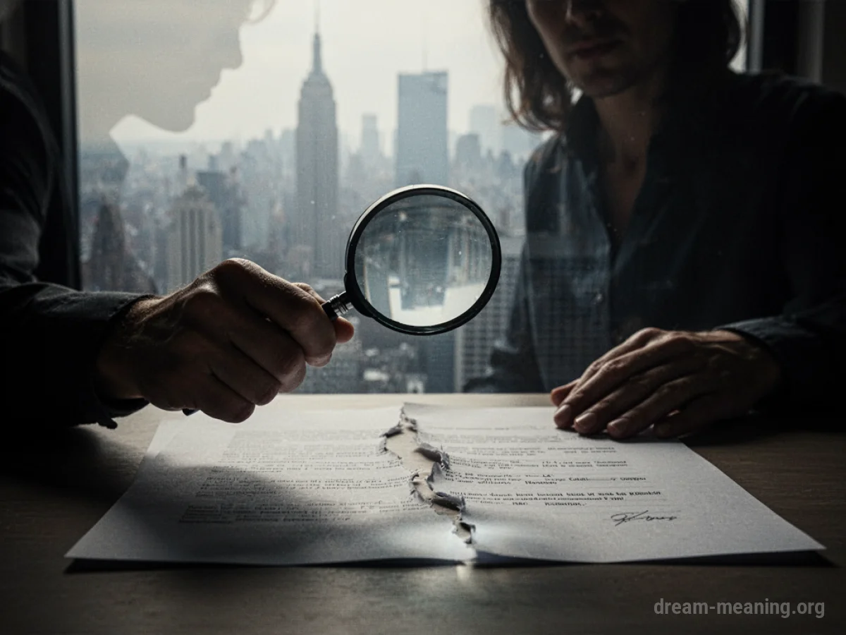 A shadowy figure examining a torn document with a magnifying glass.