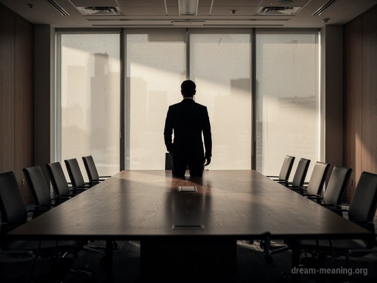 Silhouette of a person at a long conference table in a dimly lit room.