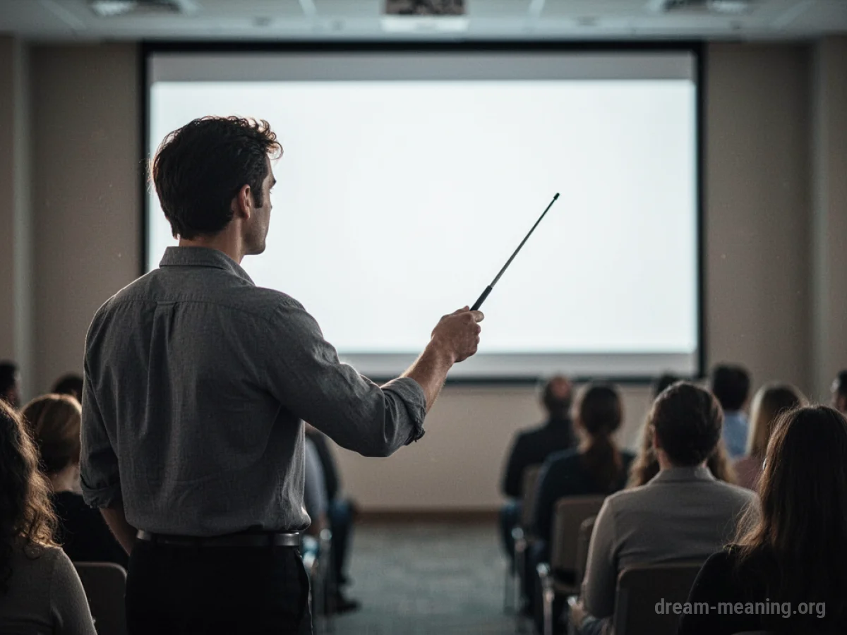 A single figure stands on a stage in front of an indistinct group of people.