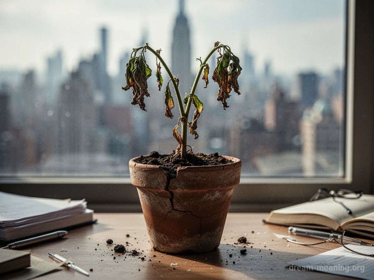 A wilting plant on a desk.
