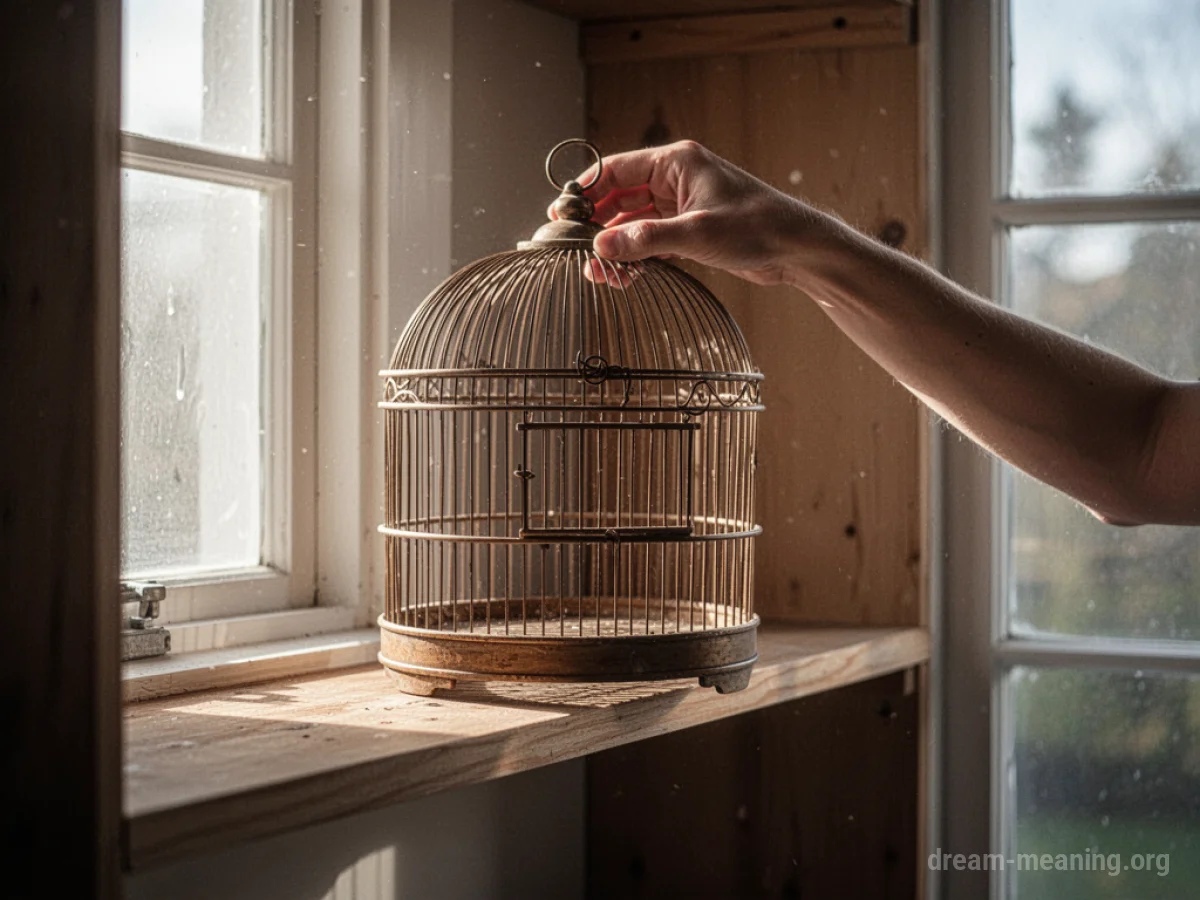 A hand placing an empty bird cage on a wooden shelf.