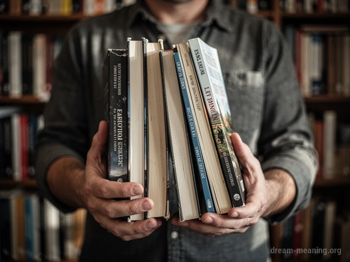 Hands holding a stack of new books.
