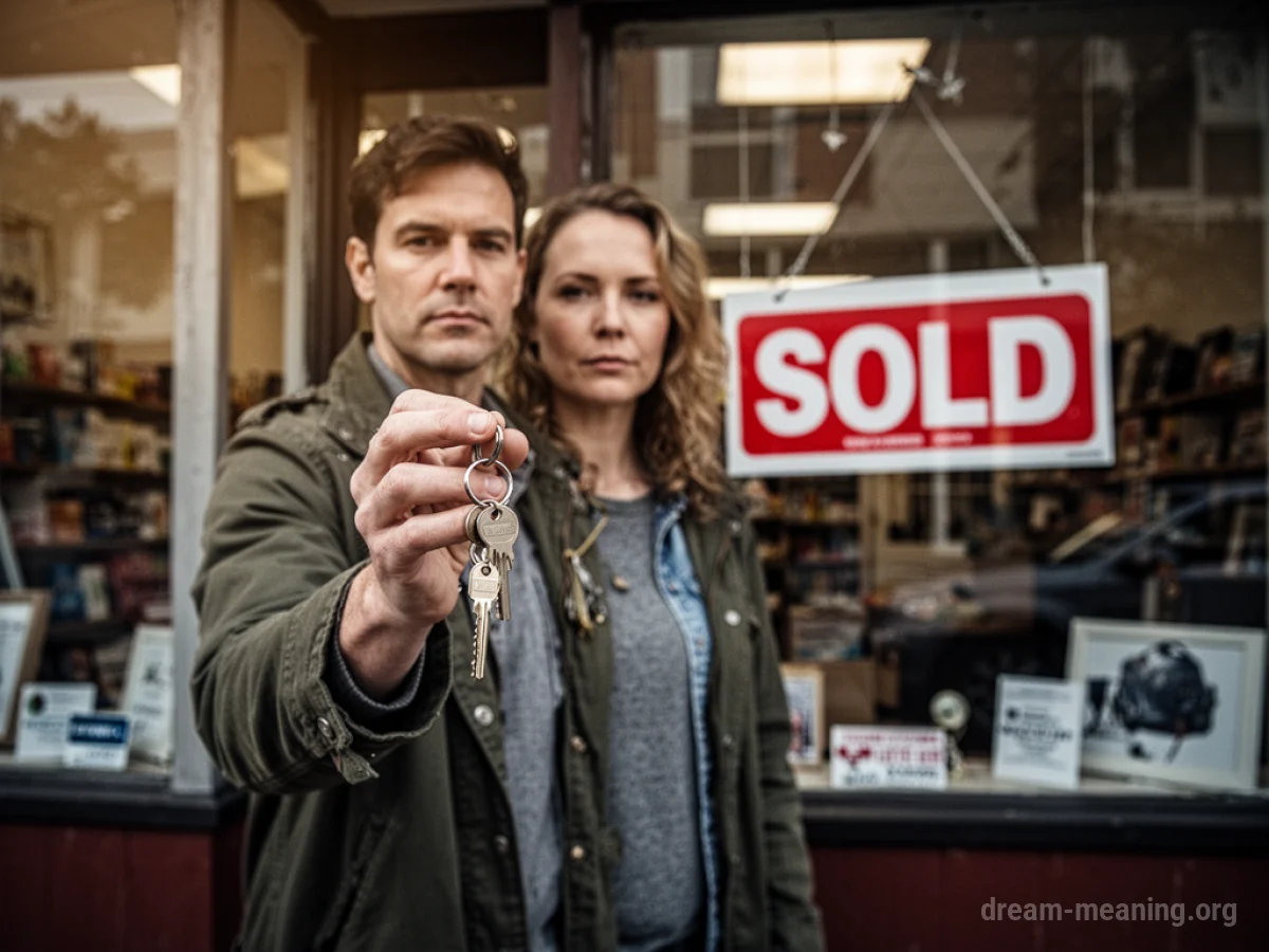 A person holding a key in front of a shop.