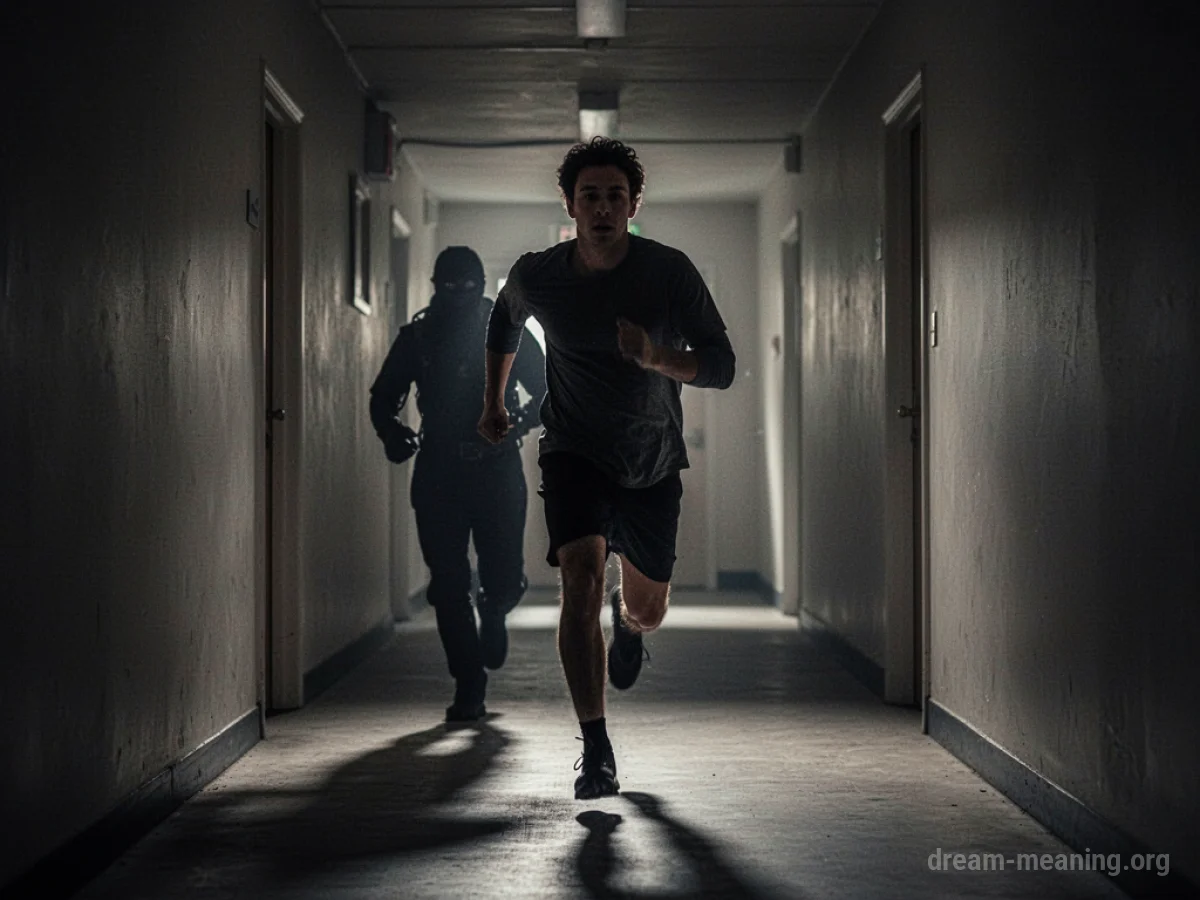 A person running down a dark hallway with a shadow figure close behind.