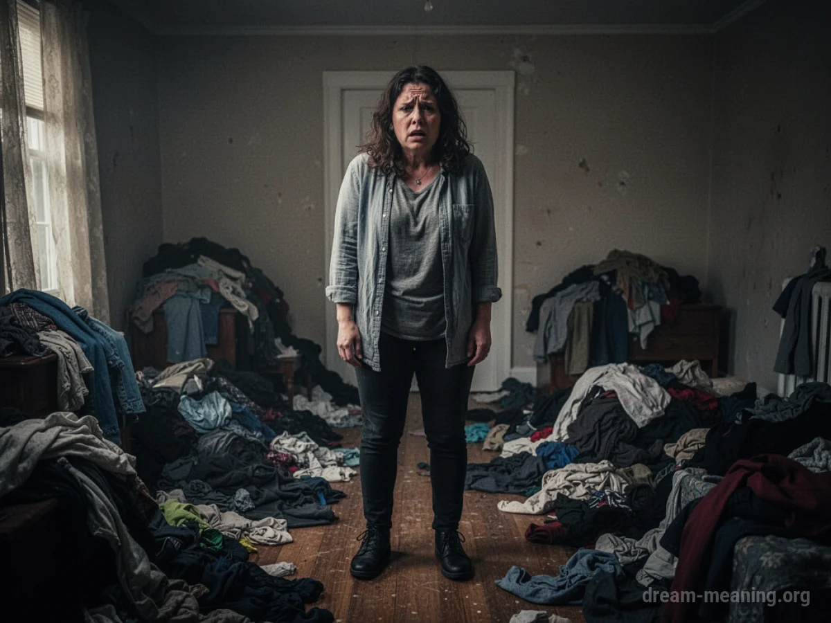 A person looking overwhelmed amidst a chaotic pile of clothes.