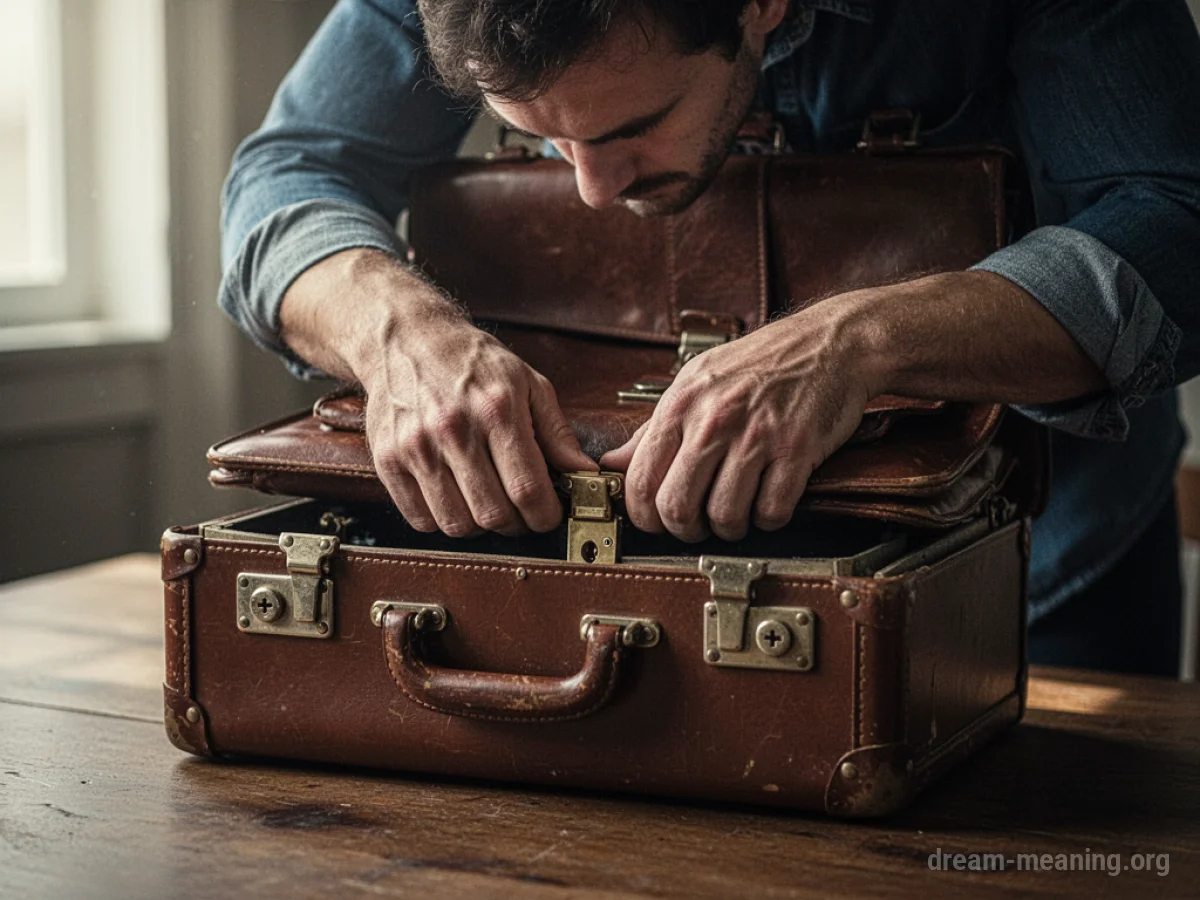 A person's hands fumbling with a locked briefcase clasp.