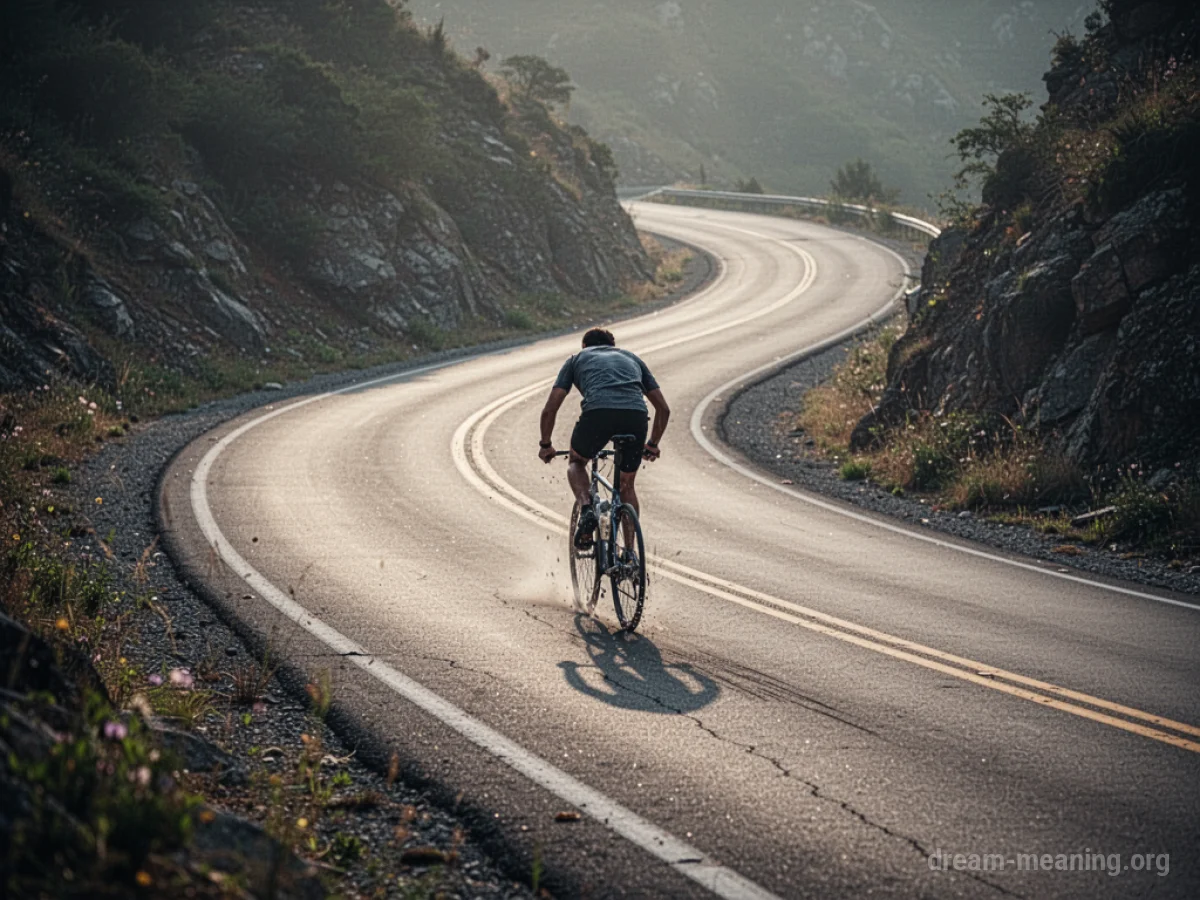 A bicycle rider pedaling intensely on a downhill road.