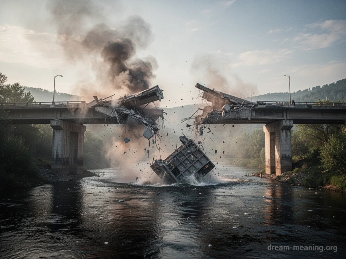 A bridge breaking apart with a section falling into water.