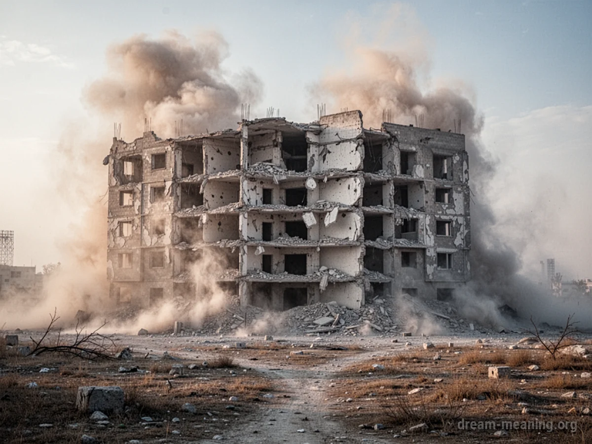 A large building crumbling and falling apart with dust obscuring the scene.