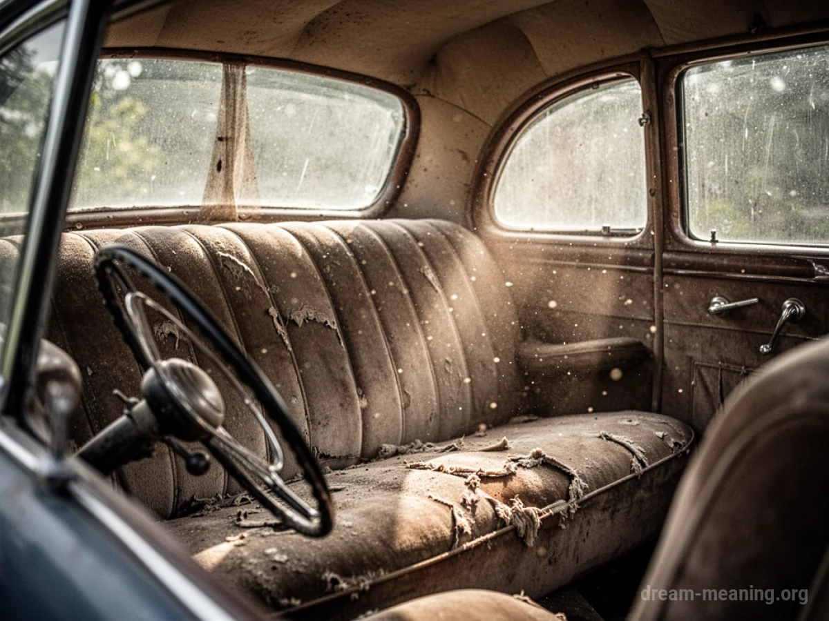 Interior view of a classic car showing a fabric bench seat.