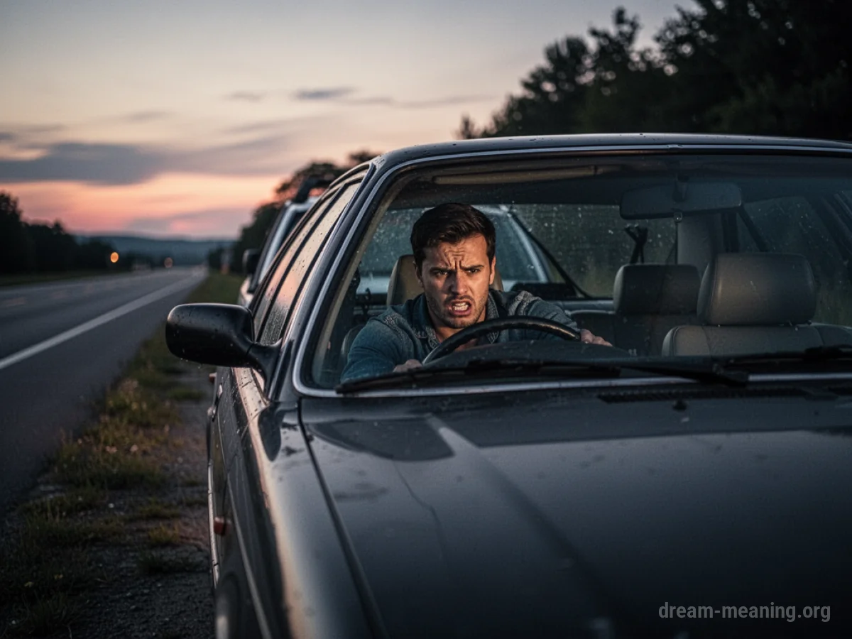 A car stopped on a desolate road at twilight.