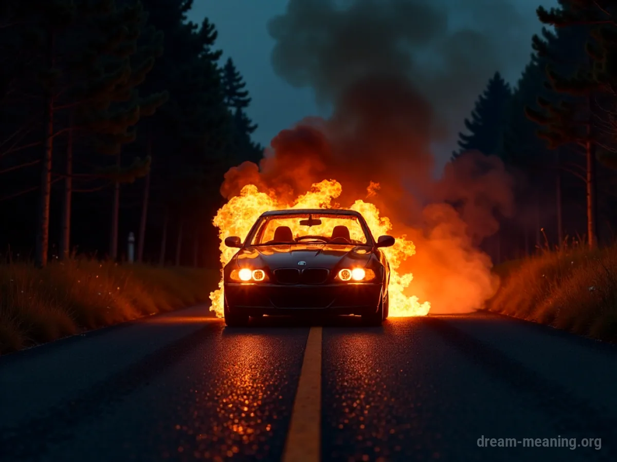 A car silhouette on a road with flames rising from it.