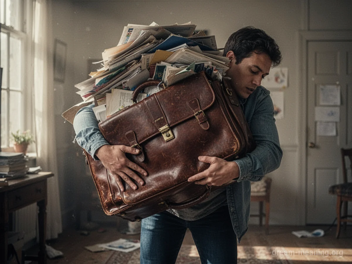 Person straining to lift a large, overstuffed briefcase.