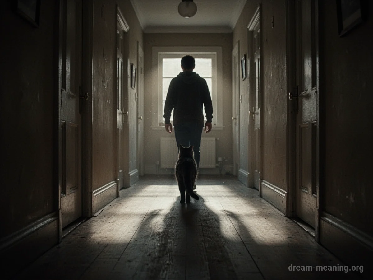 A person walking down a dark hallway with a cat silhouette visible behind them.