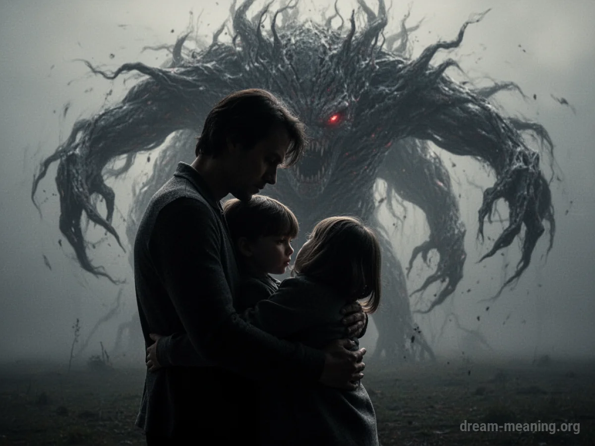 Silhouette of a parent shielding a child from a vague, distant threat.